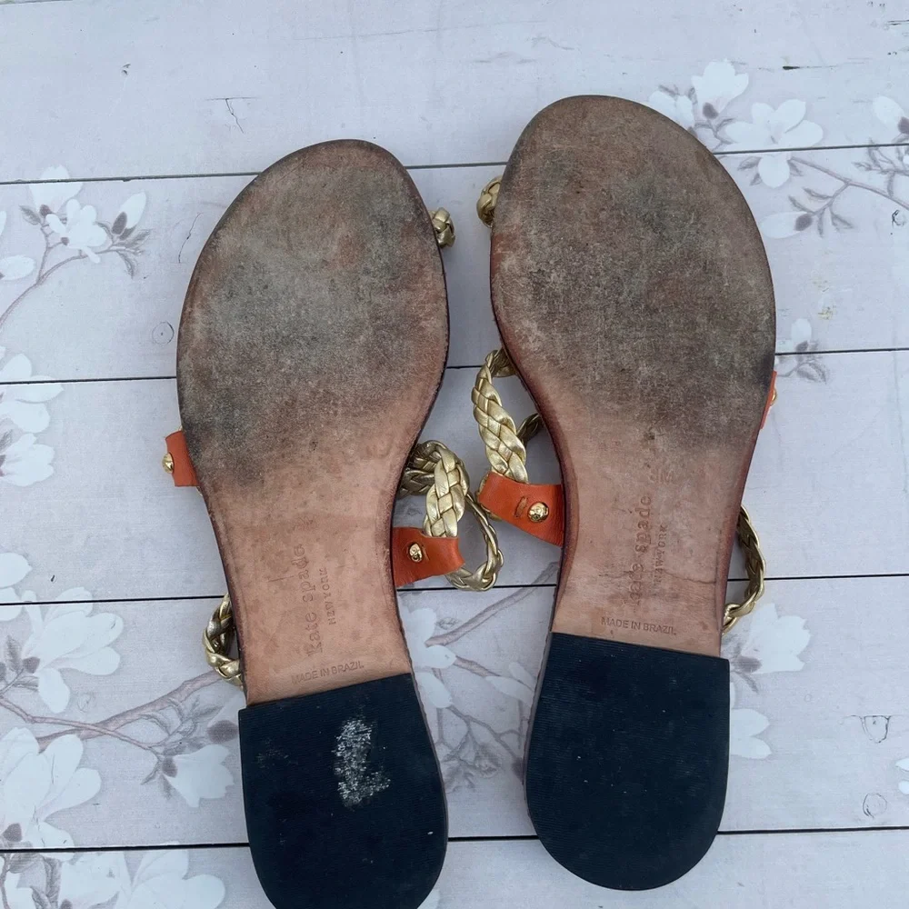 Kate Spade Idonia Tan and Gold Braided Strap Slide Sandals